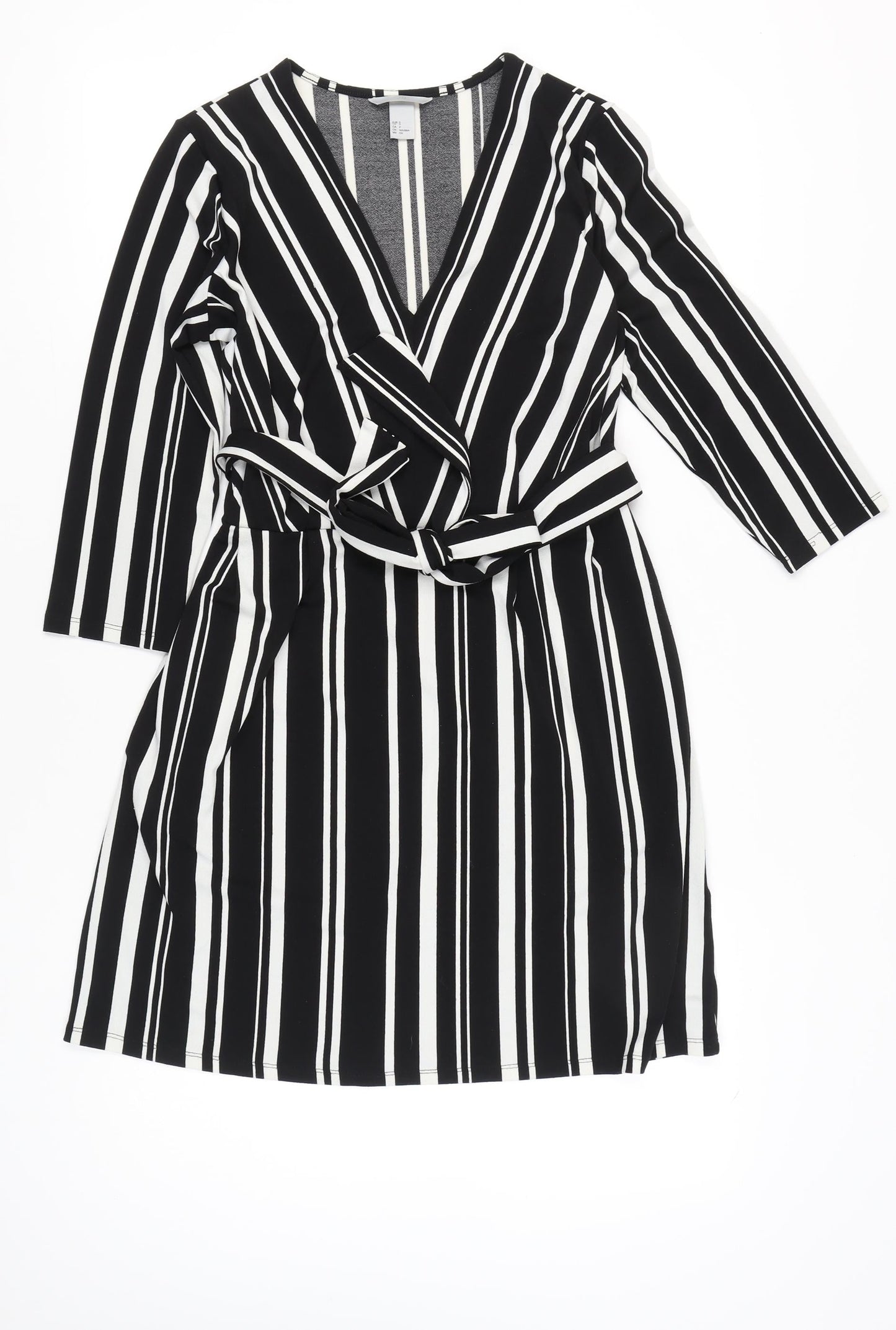 H&M Women’s Black White Striped Wrap Dress Size 8 Knee Length