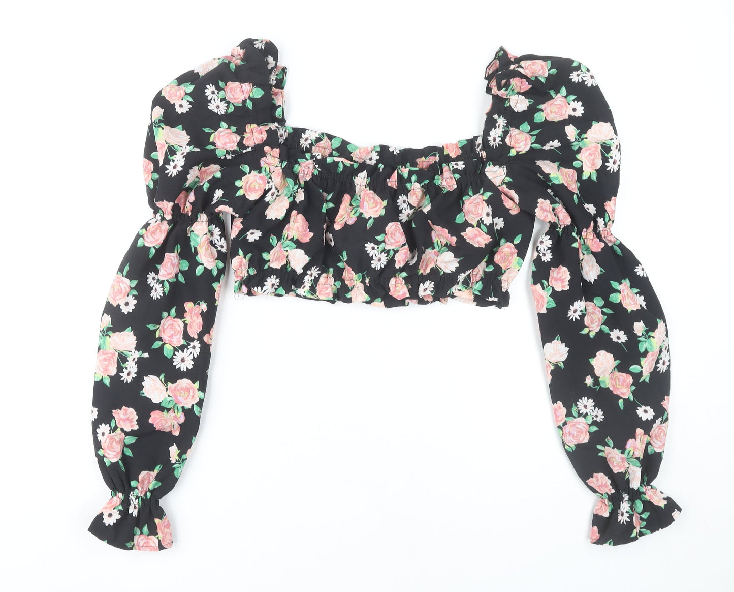H&M Women’s Black Floral Cropped Puff Sleeve Blouse Size S
