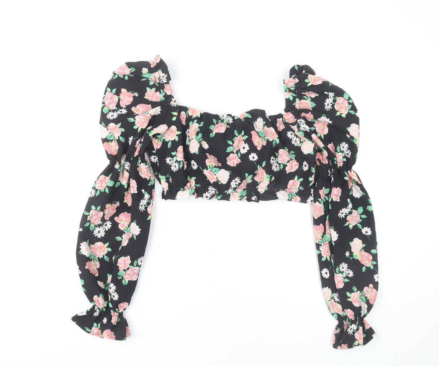H&M Women’s Black Floral Cropped Puff Sleeve Blouse Size S