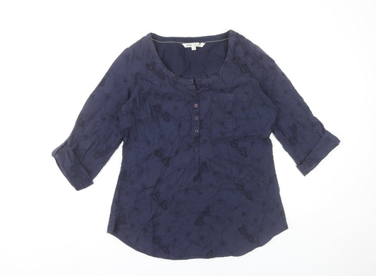 Fat Face Women’s Blue Cotton Blouse Size 8 Tunic 3/4 Sleeve Embroidered