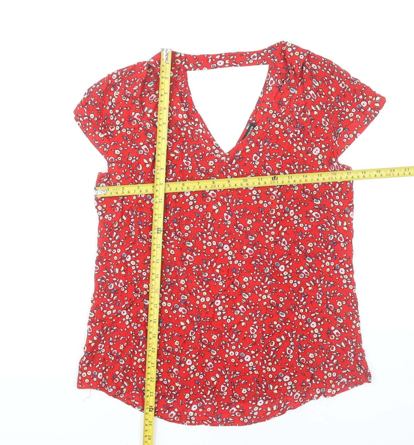 Warehouse Women’s Red Floral Viscose Blouse UK 12 Short Sleeve V-Neck