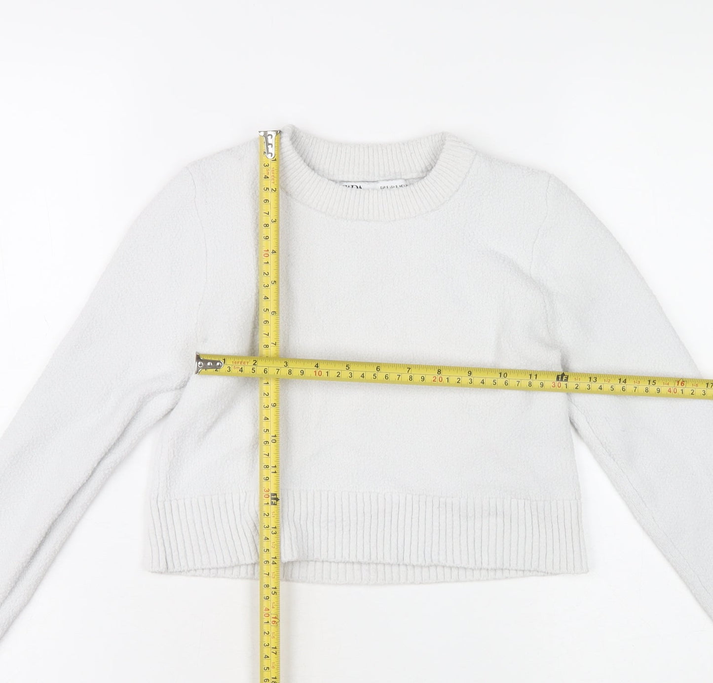 Zara Women White S Pullover Knit Jumper Crew Neck Long Sleeve