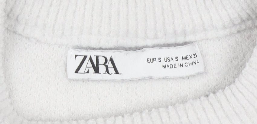 Zara Women White S Pullover Knit Jumper Crew Neck Long Sleeve