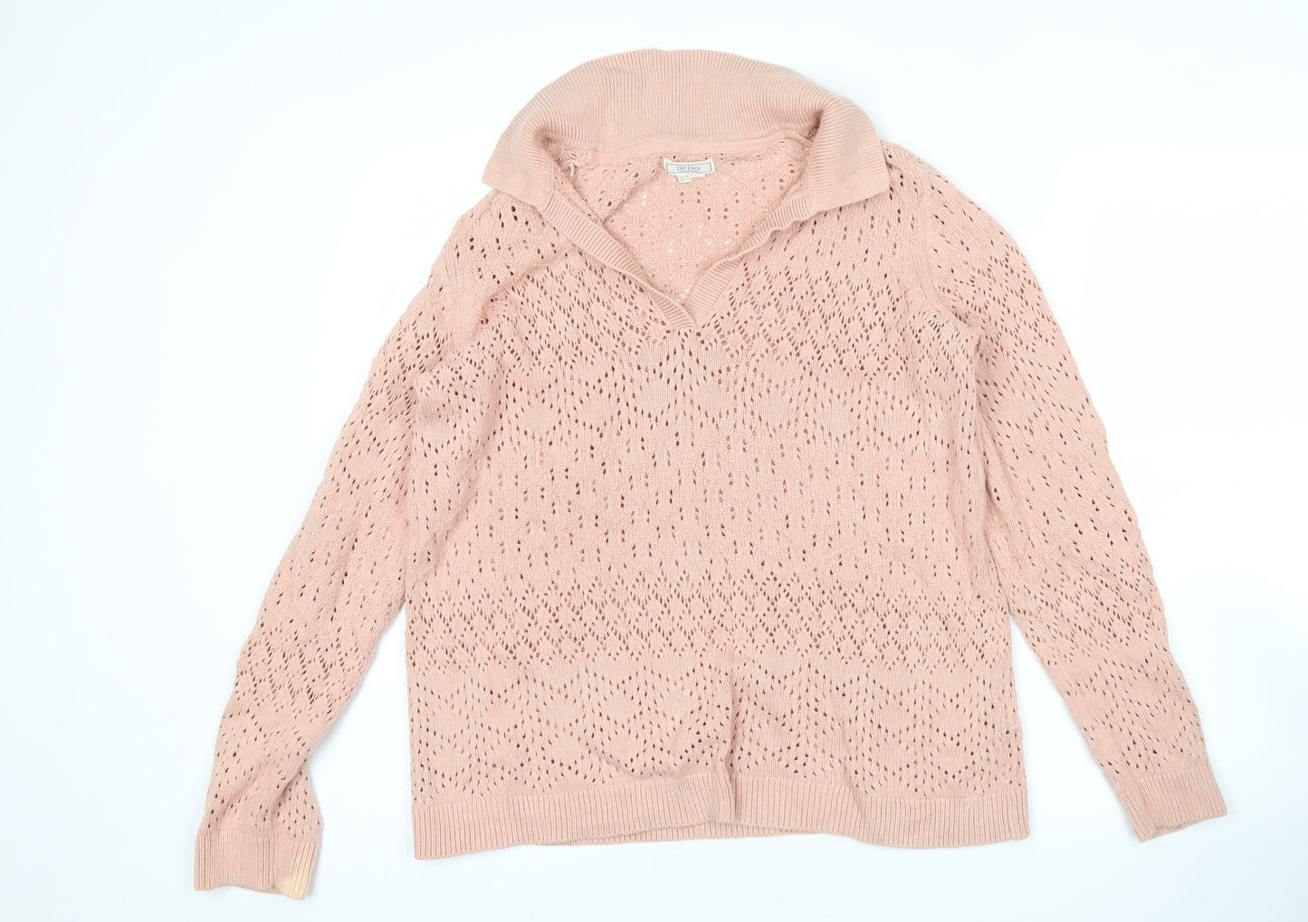 Fat Face Women's Pink Cotton Open-Knit V-Neck Jumper Size 14