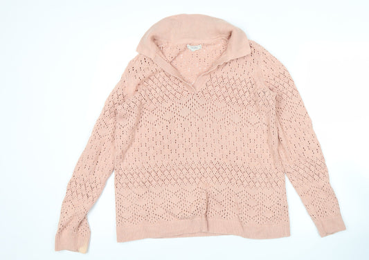 Fat Face Women's Pink Cotton Open-Knit V-Neck Jumper Size 14