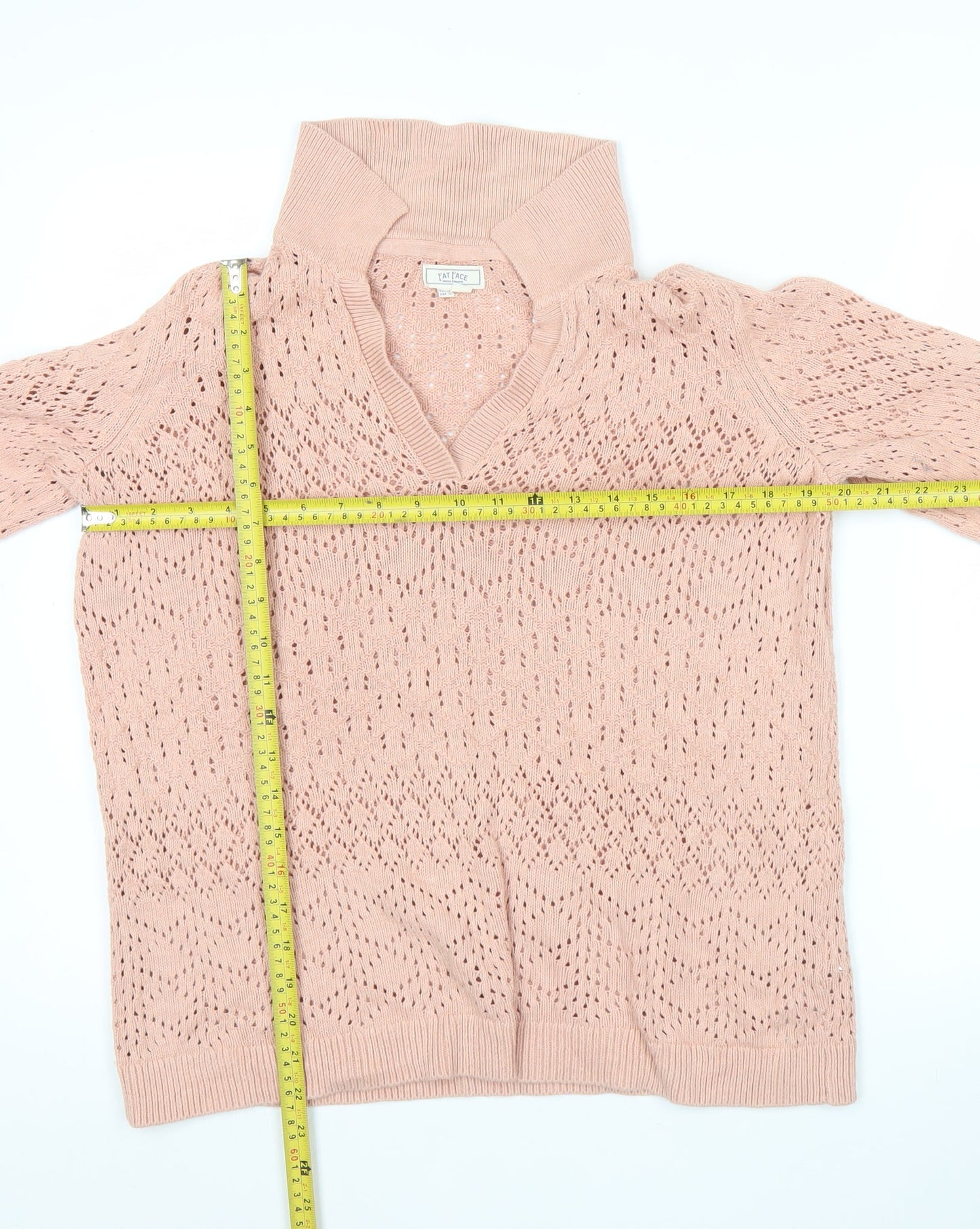 Fat Face Women's Pink Cotton Open-Knit V-Neck Jumper Size 14