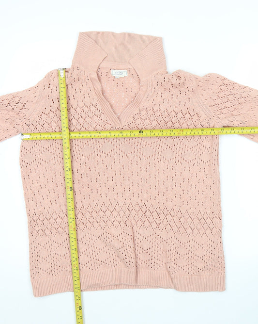 Fat Face Women's Pink Cotton Open-Knit V-Neck Jumper Size 14