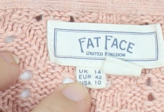 Fat Face Women's Pink Cotton Open-Knit V-Neck Jumper Size 14