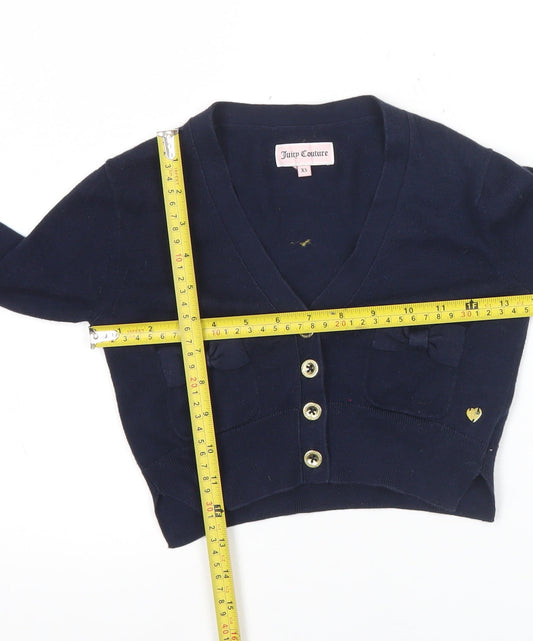 Juicy Couture Womens Blue XS Cardigan Bow Knit Cotton V-Neck