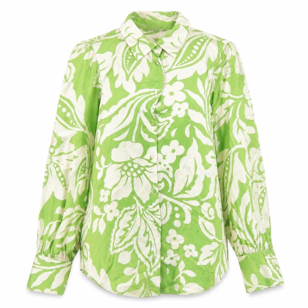 Zara Womens Green Floral Satin Button-Up Shirt XS Long Sleeve