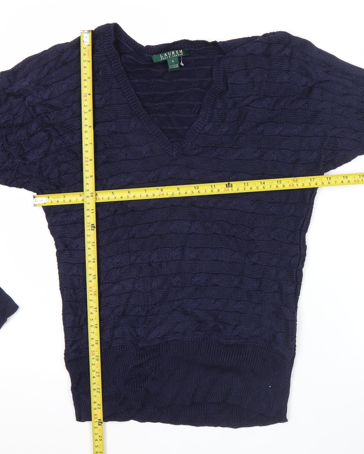 Ralph Lauren Women’s Blue V-Neck Cable-Knit Cotton Viscose Jumper Size S
