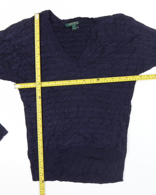 Ralph Lauren Women’s Blue V-Neck Cable-Knit Cotton Viscose Jumper Size S
