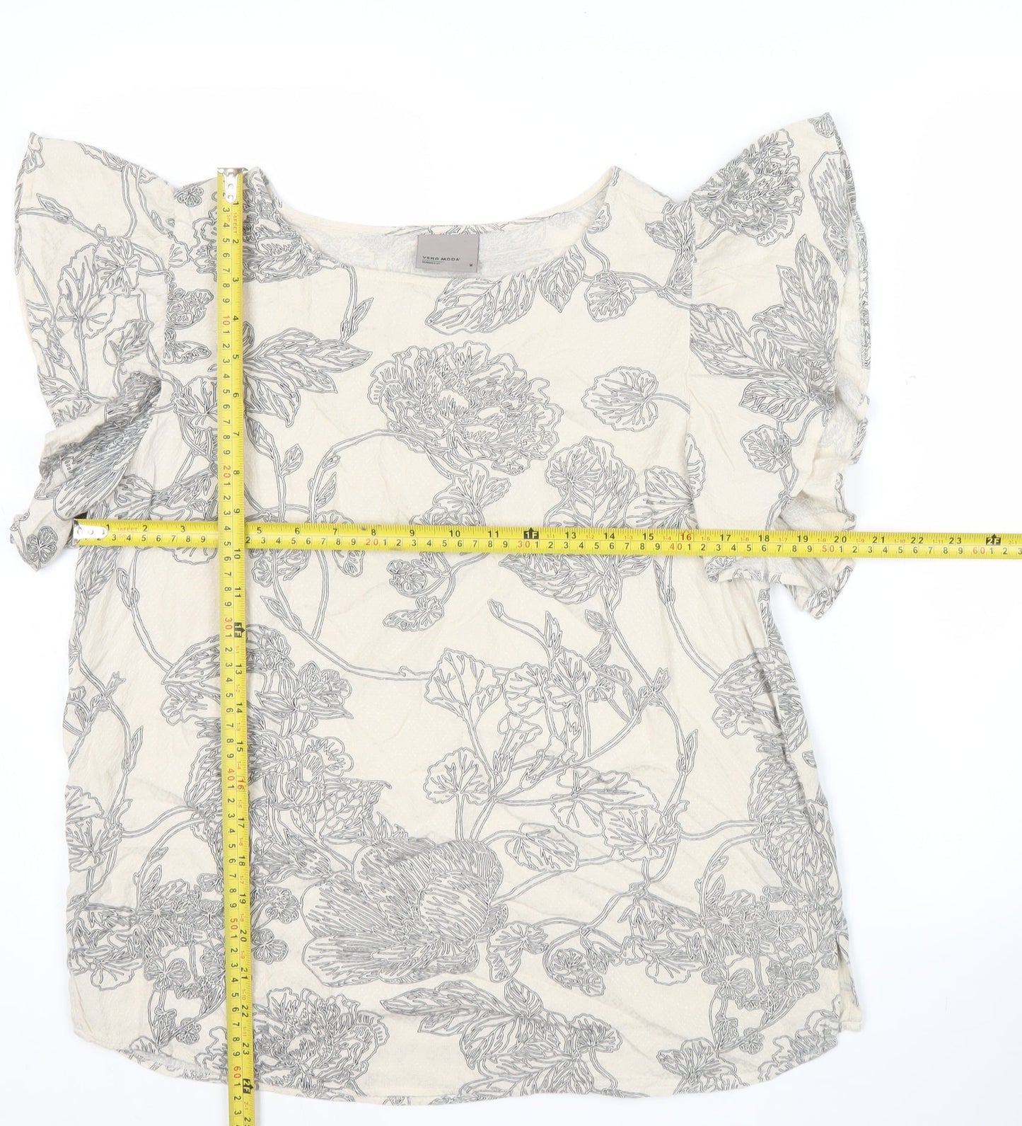 Vero Moda Womens Ivory Floral Blouse Size M Short Flutter Sleeve