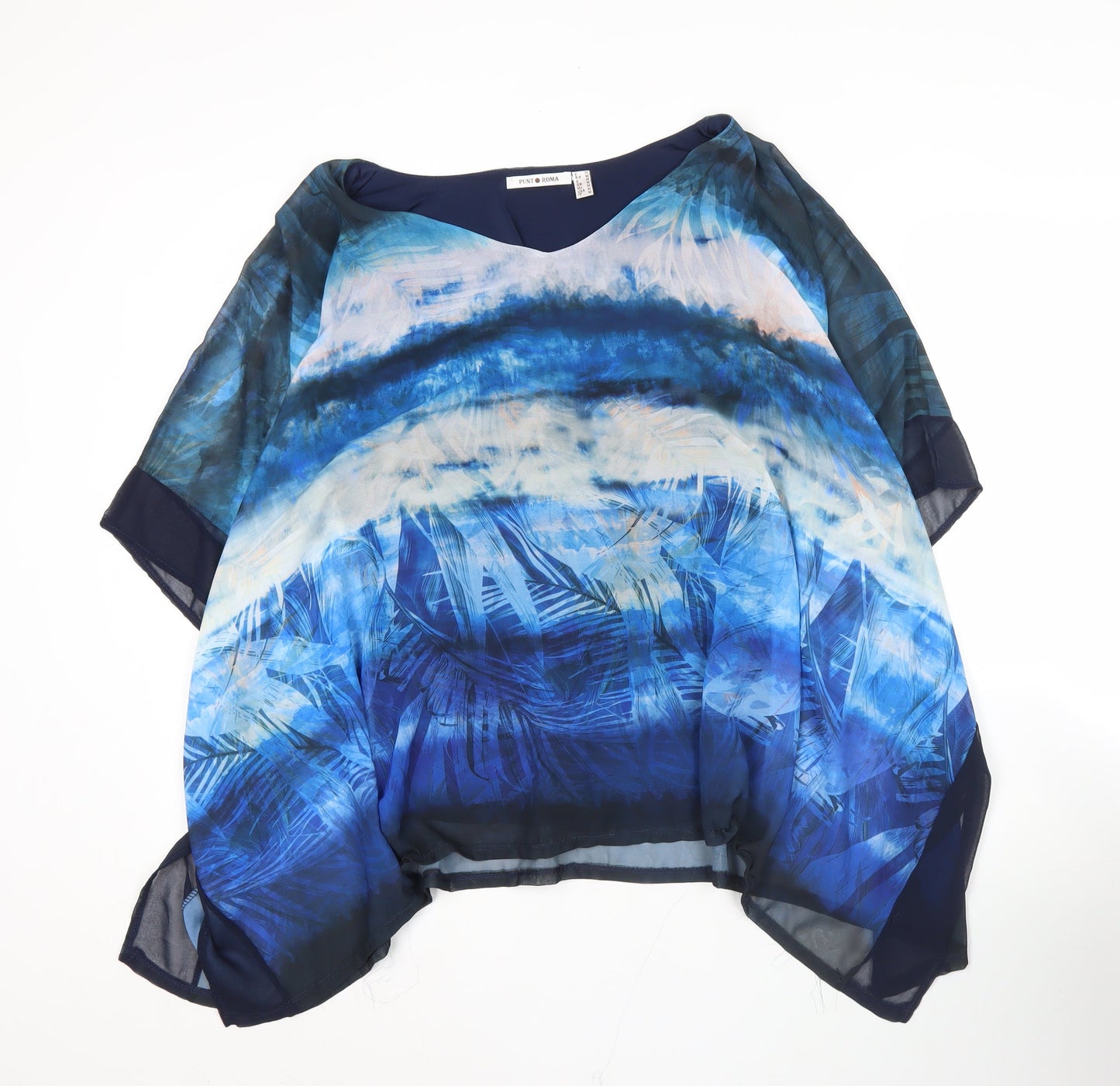 Punt Roma Women’s Blue Chiffon Tunic Blouse M V-Neck Summer Top