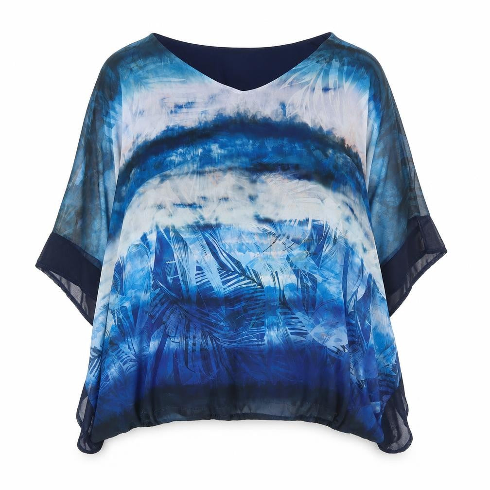 Punt Roma Women’s Blue Chiffon Tunic Blouse M V-Neck Summer Top
