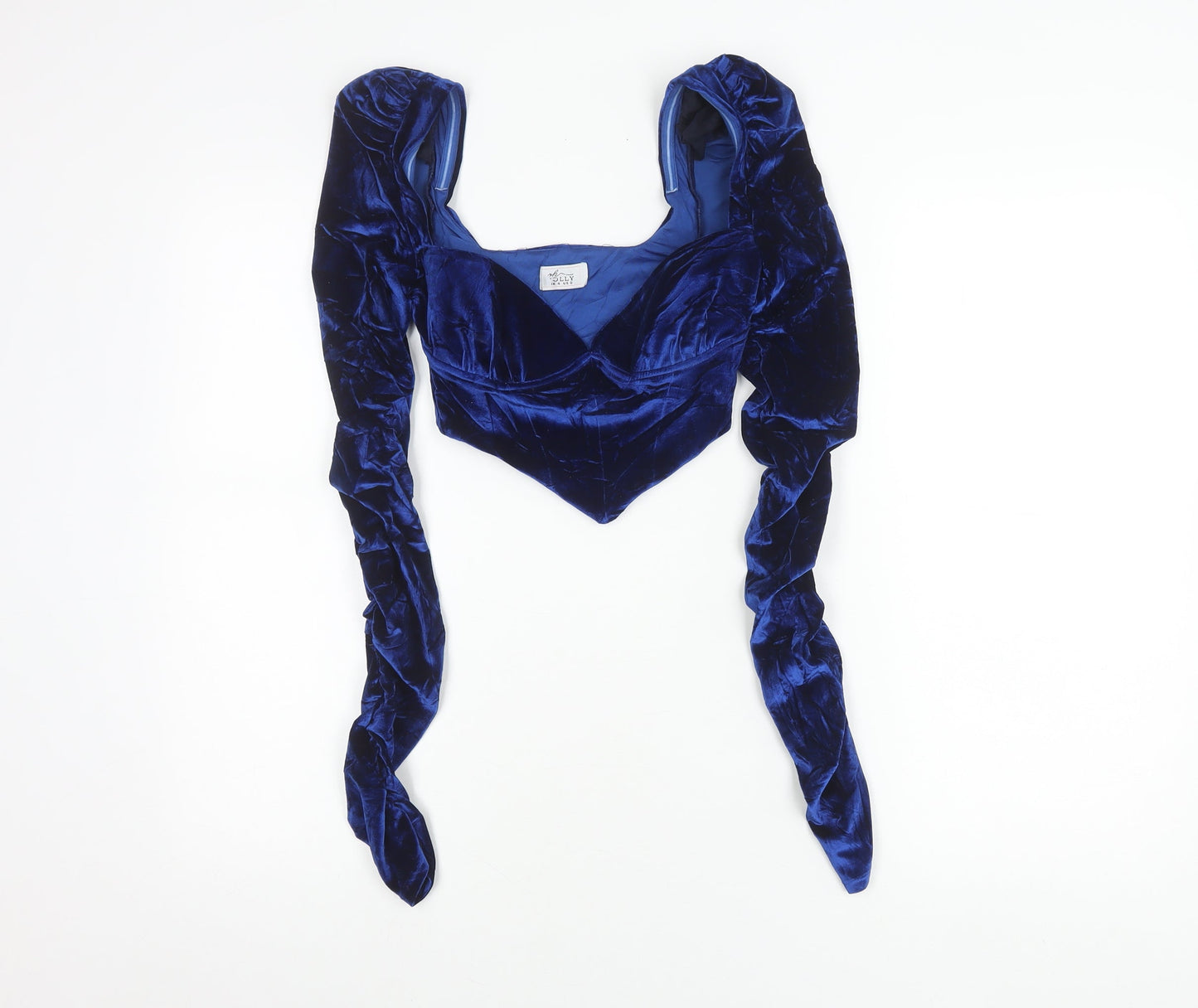 Oh Polly Women’s Blue Velvet Puff Sleeve Cropped Blouse UK 4