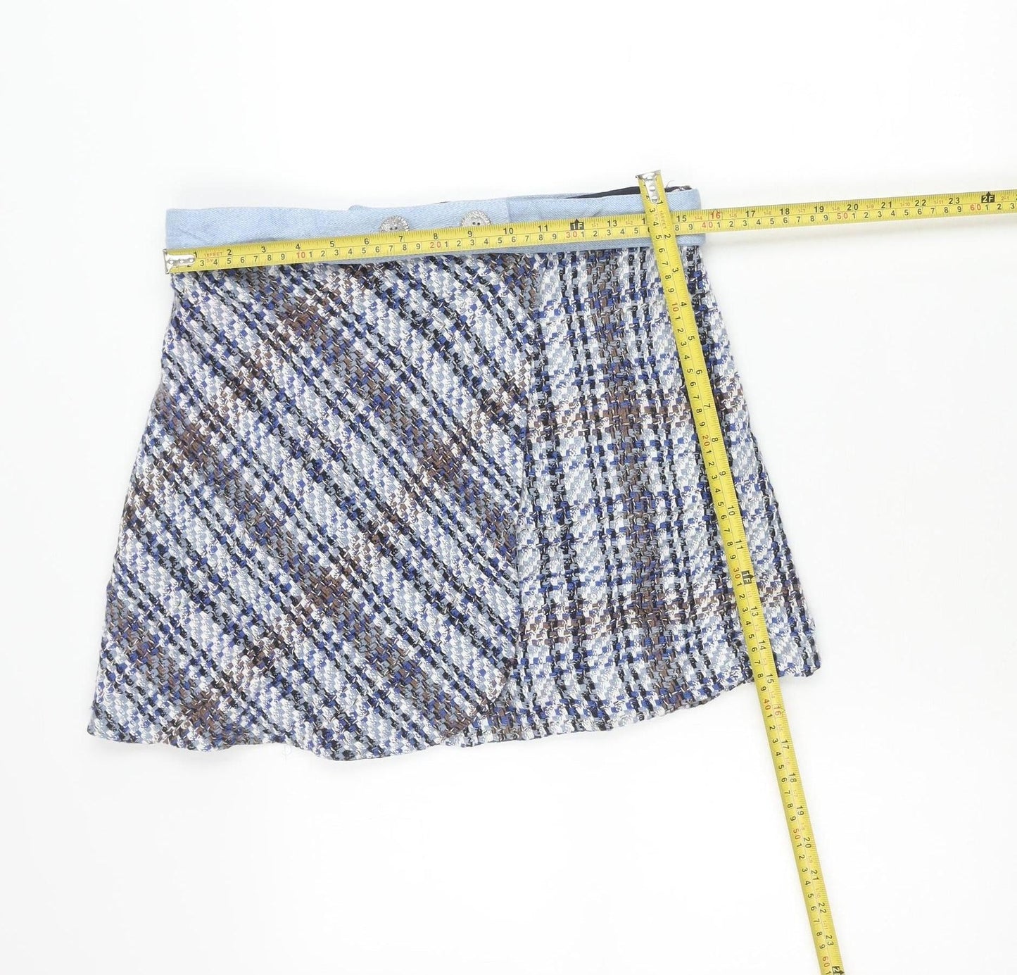 Zara Womens Blue Brown Tweed Check Short Skirt Lined Size L