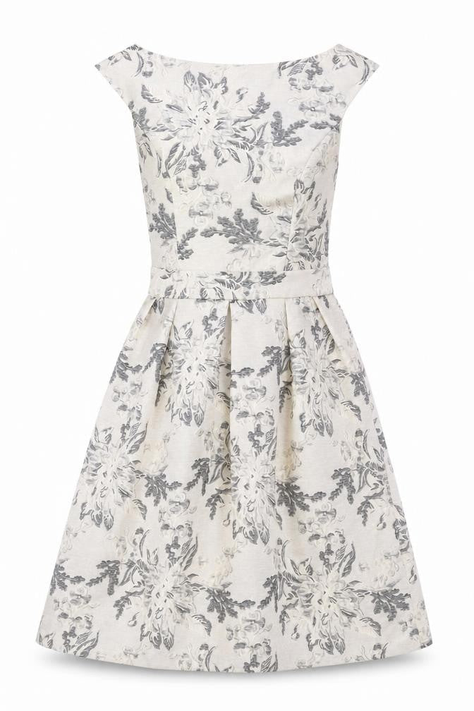 Front view of Miss Selfridge women’s ivory floral jacquard fit & flare dress, size UK 8