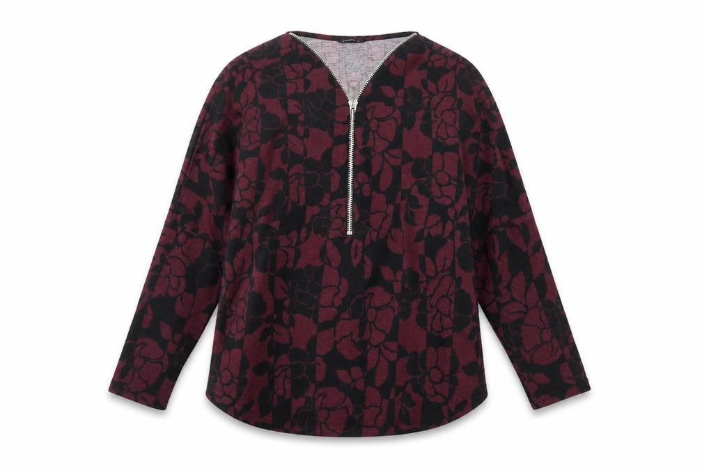 Front view of Roman women’s purple floral full zip jumper, size UK 10, v-neck long sleeve