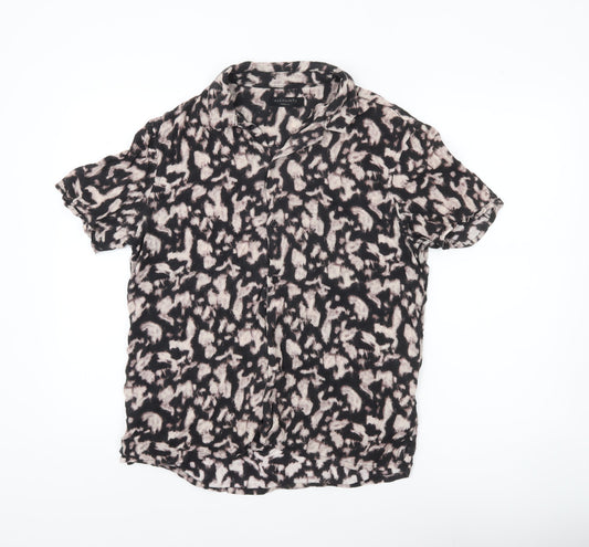 AllSaints Men's Black Animal Print Short Sleeve Button-Up Shirt M