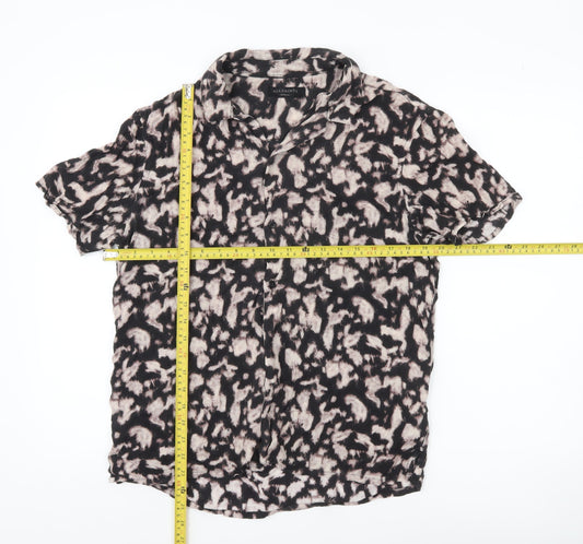 AllSaints Men's Black Animal Print Short Sleeve Button-Up Shirt M