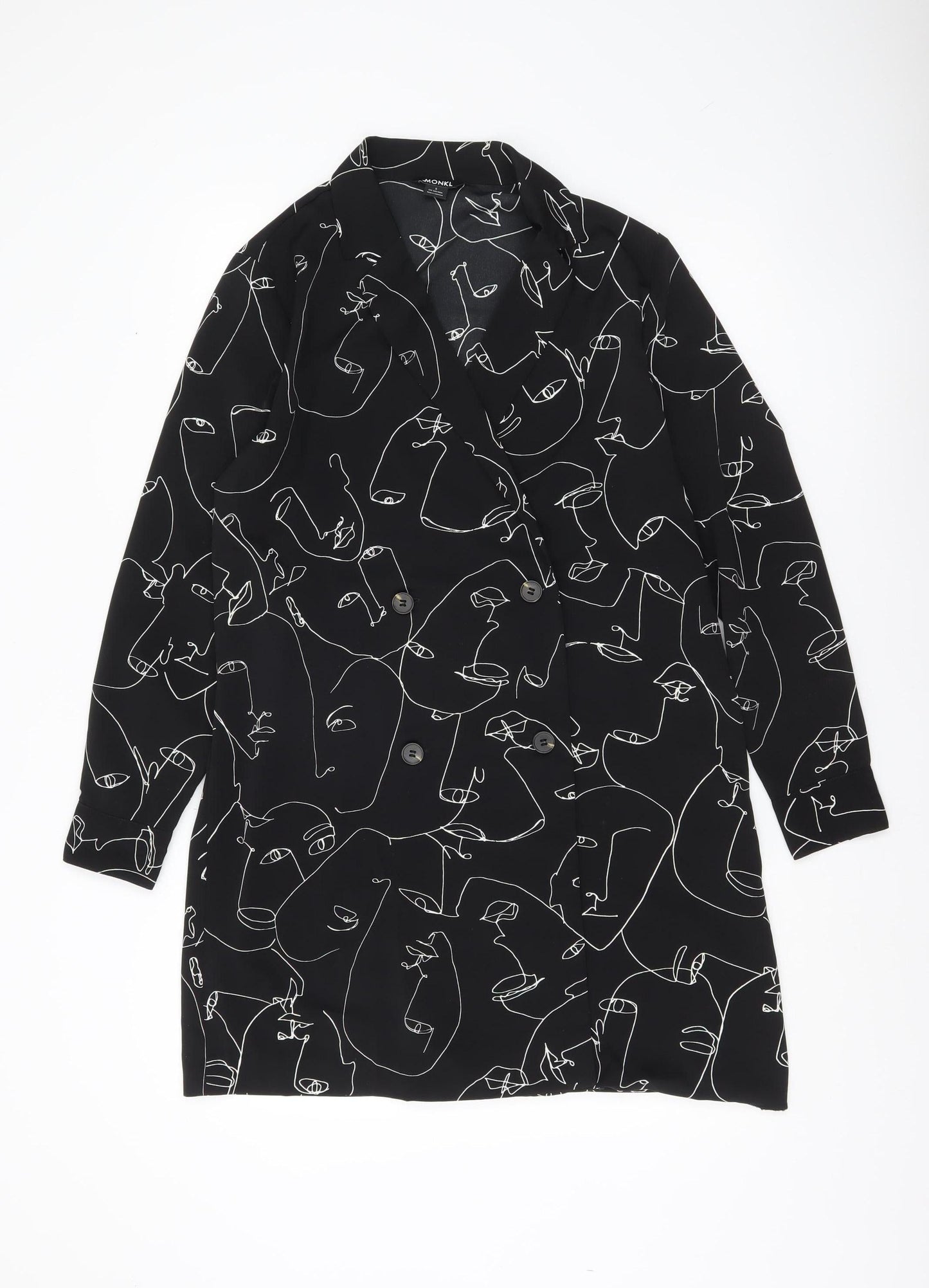 Monki Women’s Black Blazer Jacket S Art Print Mid-Length Lightweight