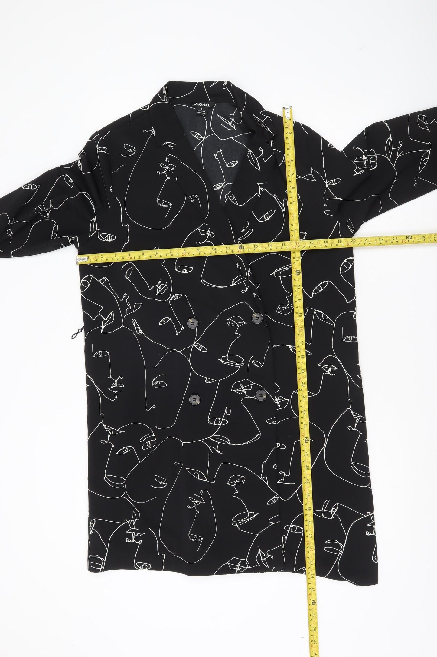 Monki Women’s Black Blazer Jacket S Art Print Mid-Length Lightweight