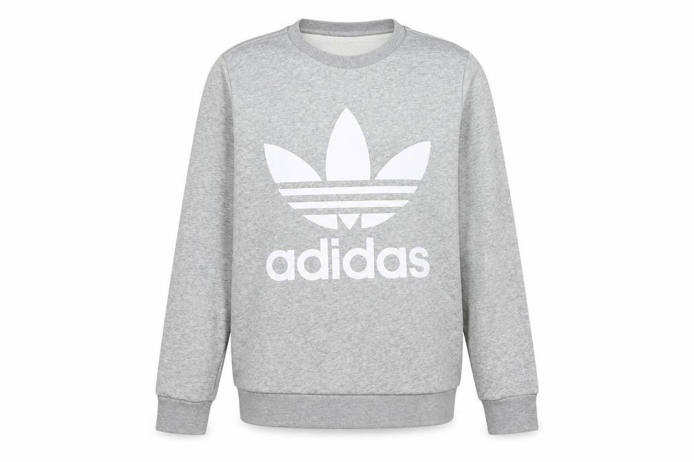 Front view of Adidas boys’ grey logo pullover sweatshirt 13-14y long sleeve crew neck