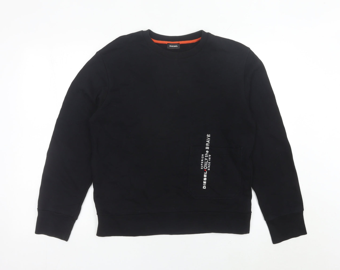 Diesel Womens Black Cotton Sweatshirt Size 14 Crew Neck Logo Pocket