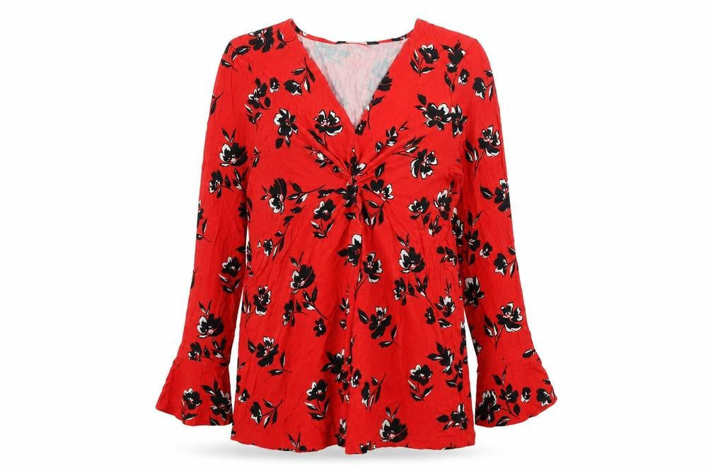 Sosandar Women’s Red Floral V-Neck Long Sleeve Tunic Blouse Size 18
