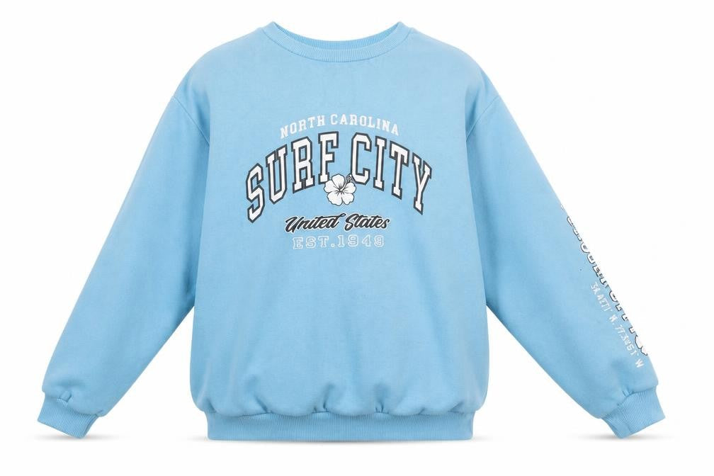 Front view of New Look girls’ blue pullover sweatshirt 12-13 yrs surf city graphic print