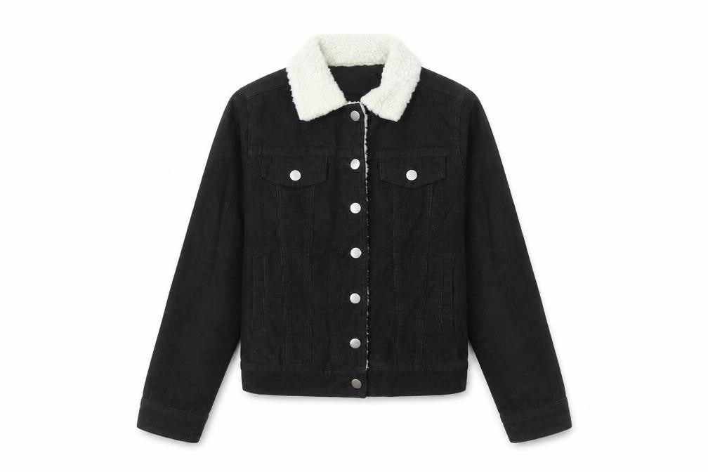 Boohoo Women’s Black Corduroy Faux Fur Collar Jacket Size 6