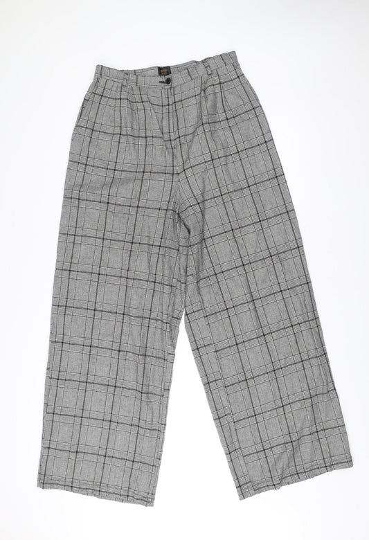 Pop England Womens Grey Check Wide-Leg Pleated Trousers Size 4