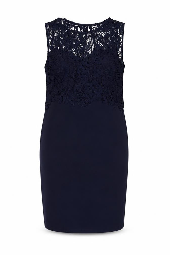 Front view of Club L Women’s Blue Lace Sheath Dress, size UK 12, Sleeveless Knee Length