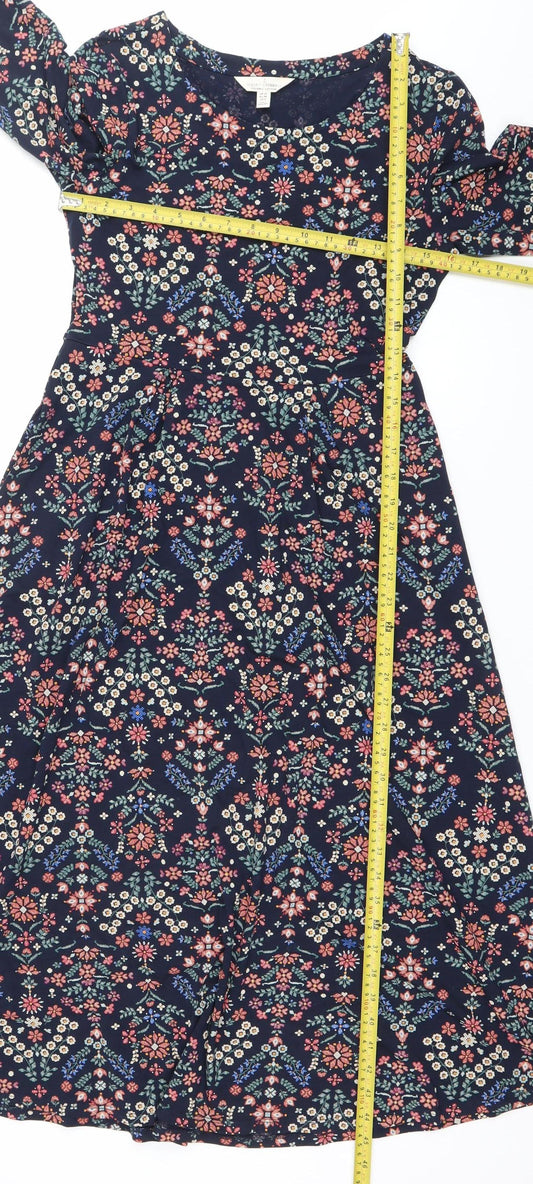 Seasalt Cornwall Womens Blue Floral Organic Cotton A-Line Midi Dress UK 10