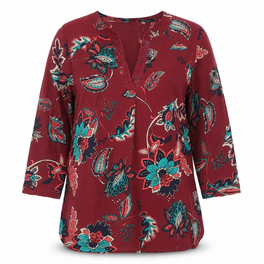Van Heusen Womens Red Floral Tunic Blouse 2XS V-Neck 3/4 Sleeve