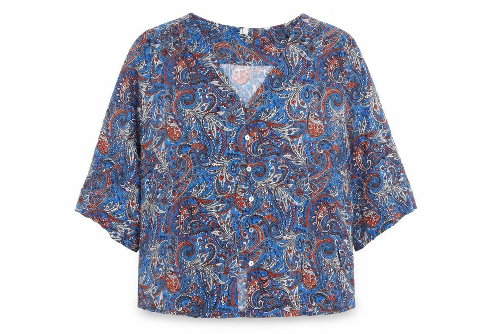 Front view of AND/OR Women’s Multicoloured Paisley Viscose Button-Up Blouse, size UK 12