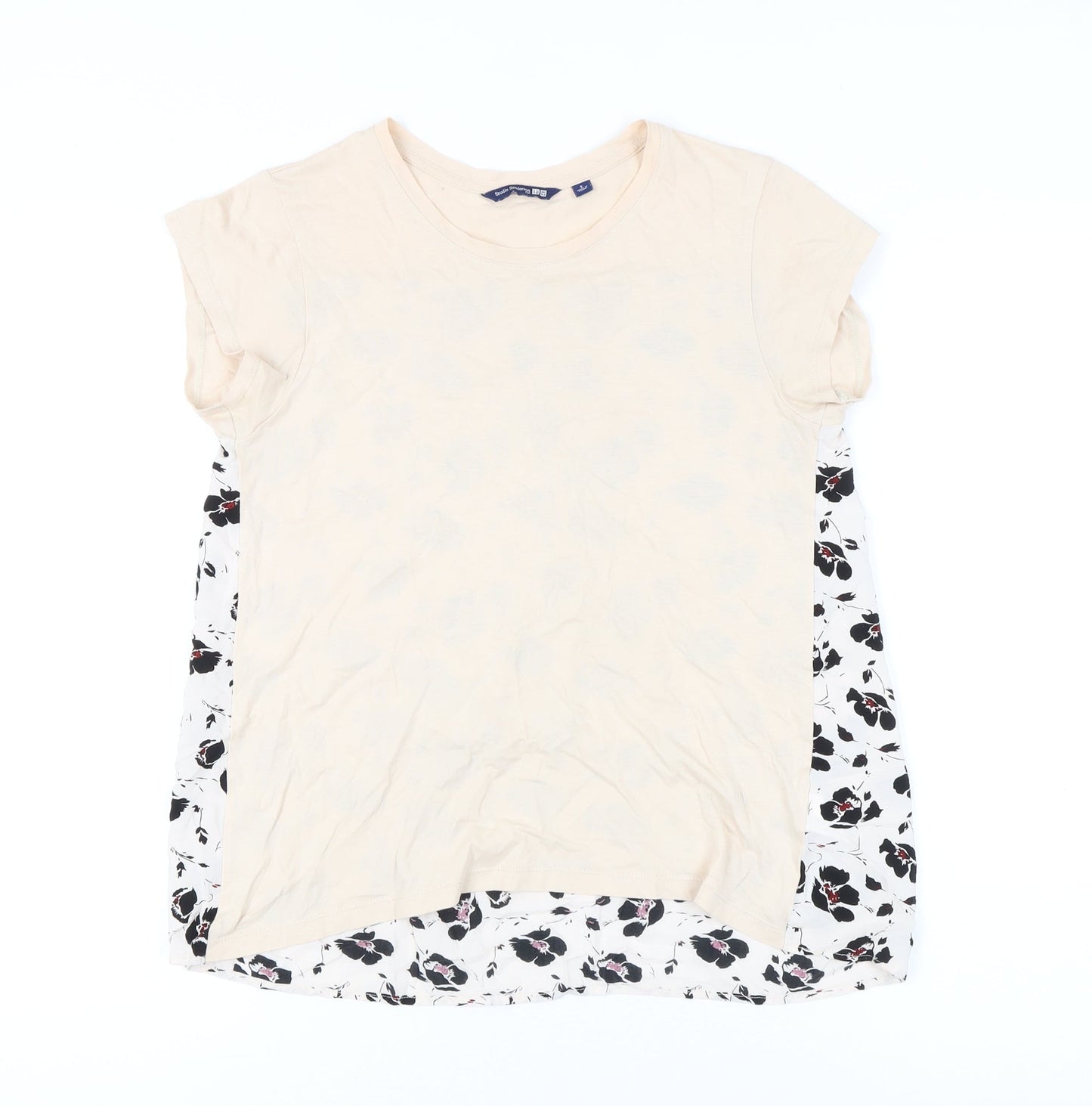 Uniqlo Women Beige Floral Back Short Sleeve T-Shirt Size S