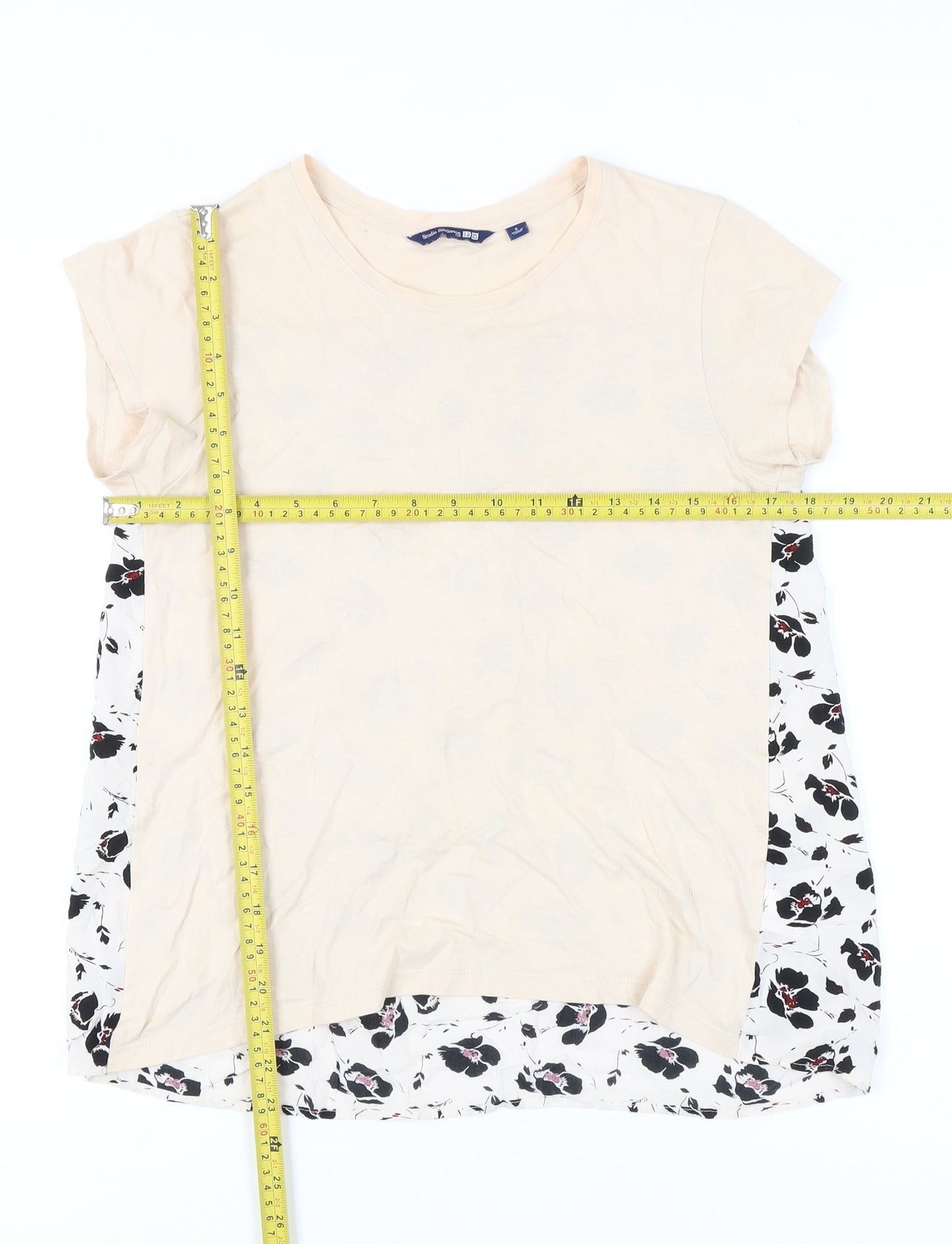 Uniqlo Women Beige Floral Back Short Sleeve T-Shirt Size S