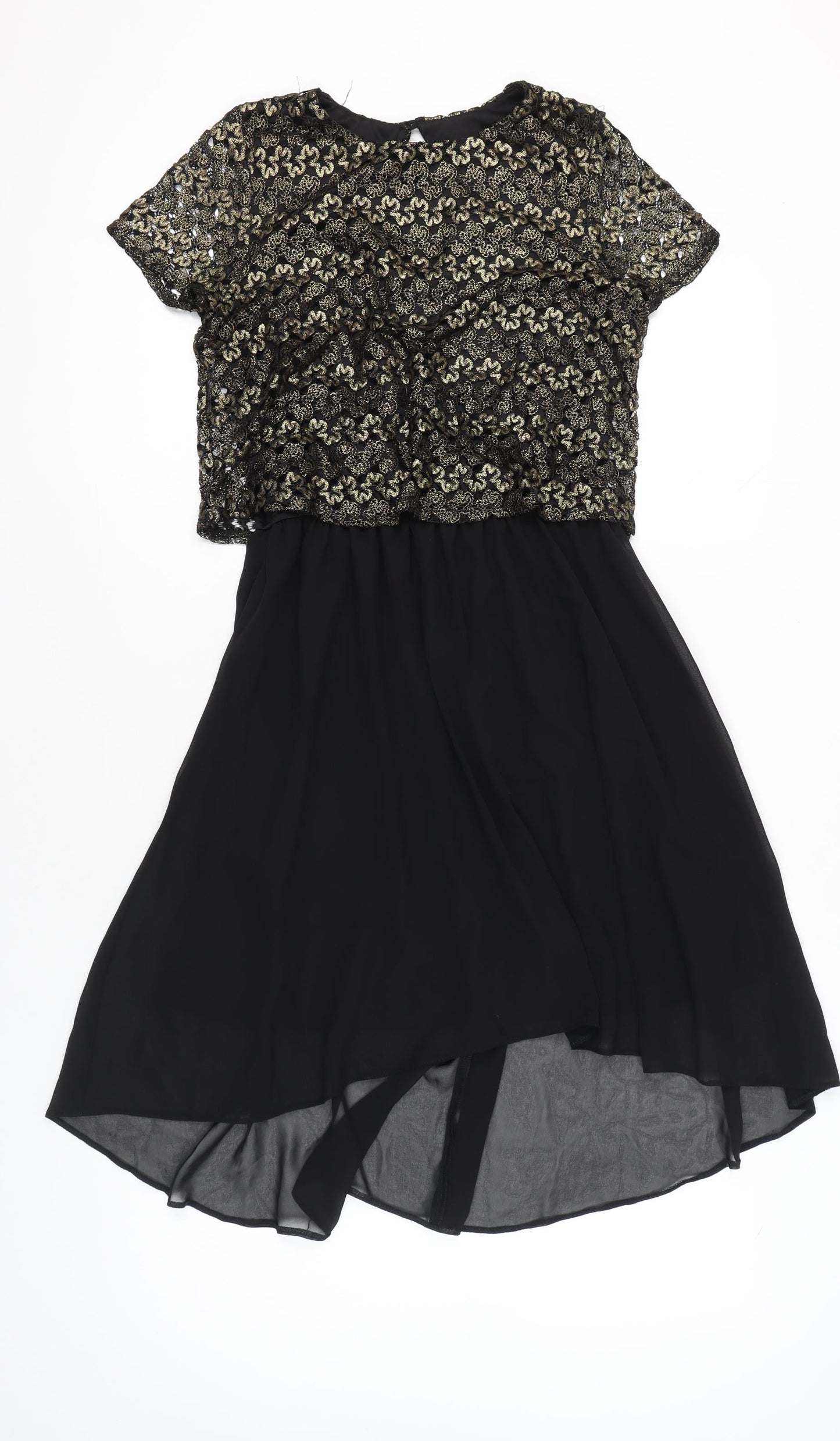 River Island Women’s Black Gold Hi-Low Fit & Flare Dress Size 10