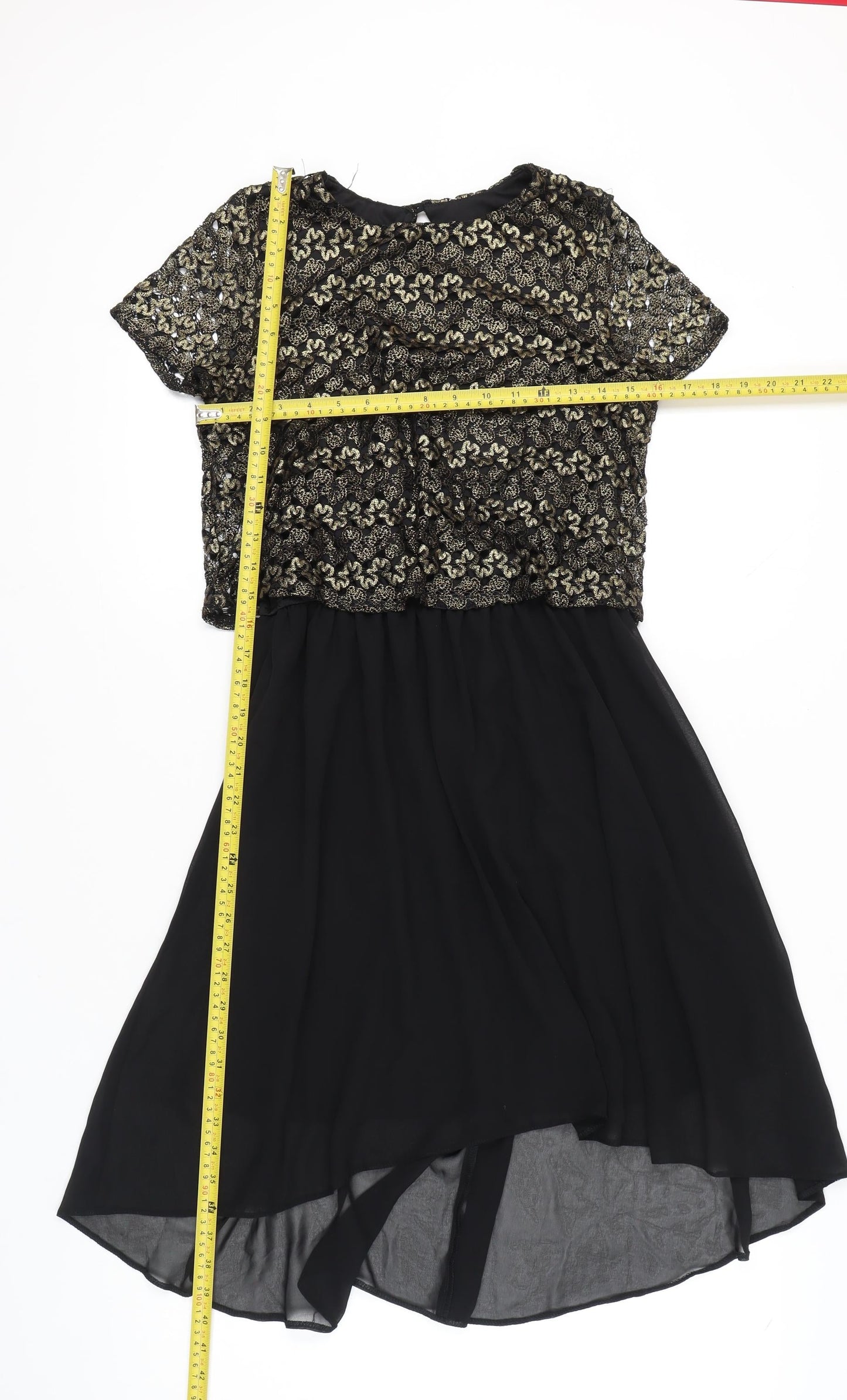 River Island Women’s Black Gold Hi-Low Fit & Flare Dress Size 10