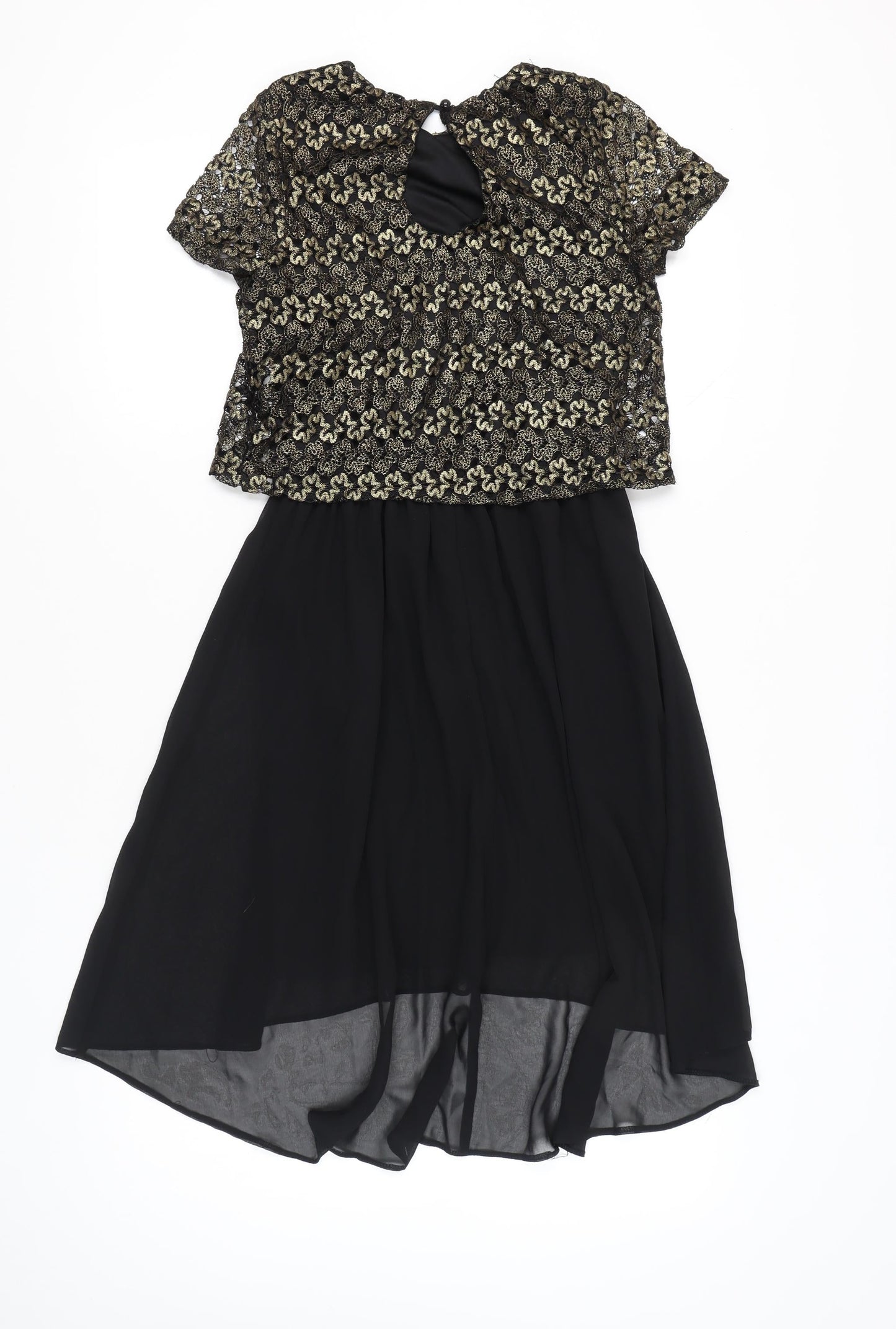 River Island Women’s Black Gold Hi-Low Fit & Flare Dress Size 10