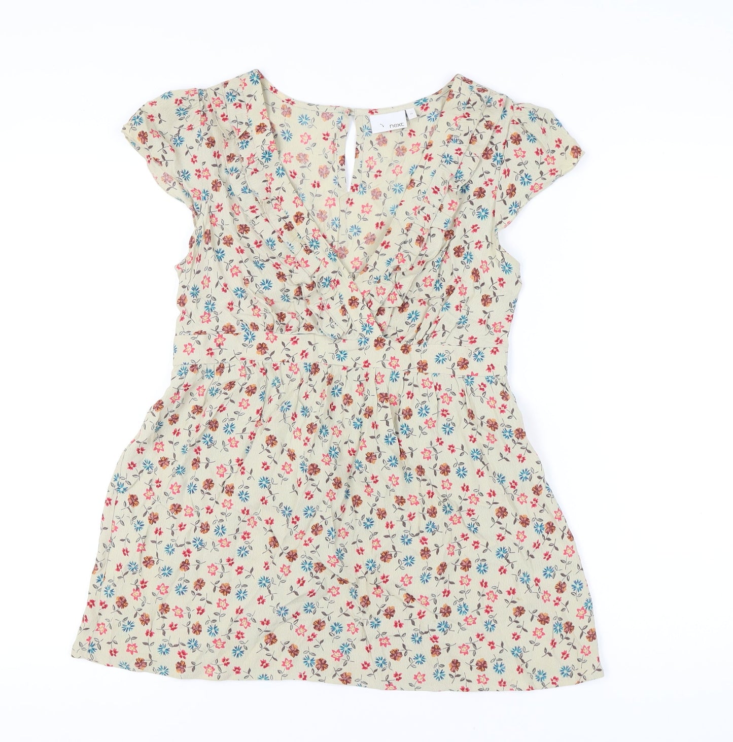 Next Women Beige Floral Tunic Blouse Size 12 Short Sleeve Viscose