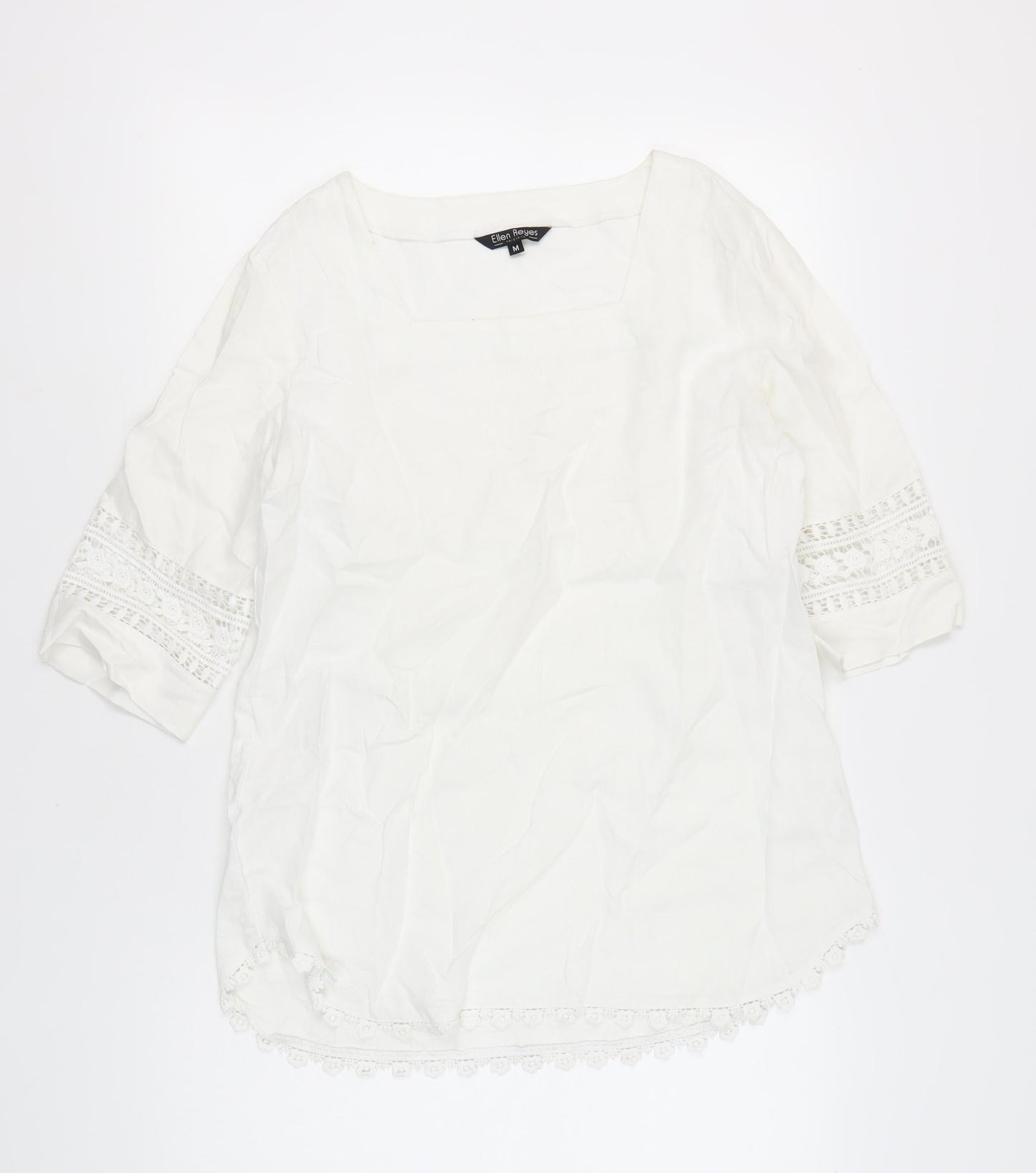 Ellen Reyes Women’s White Cotton Tunic Blouse M Boho Crochet 3/4 Sleeve