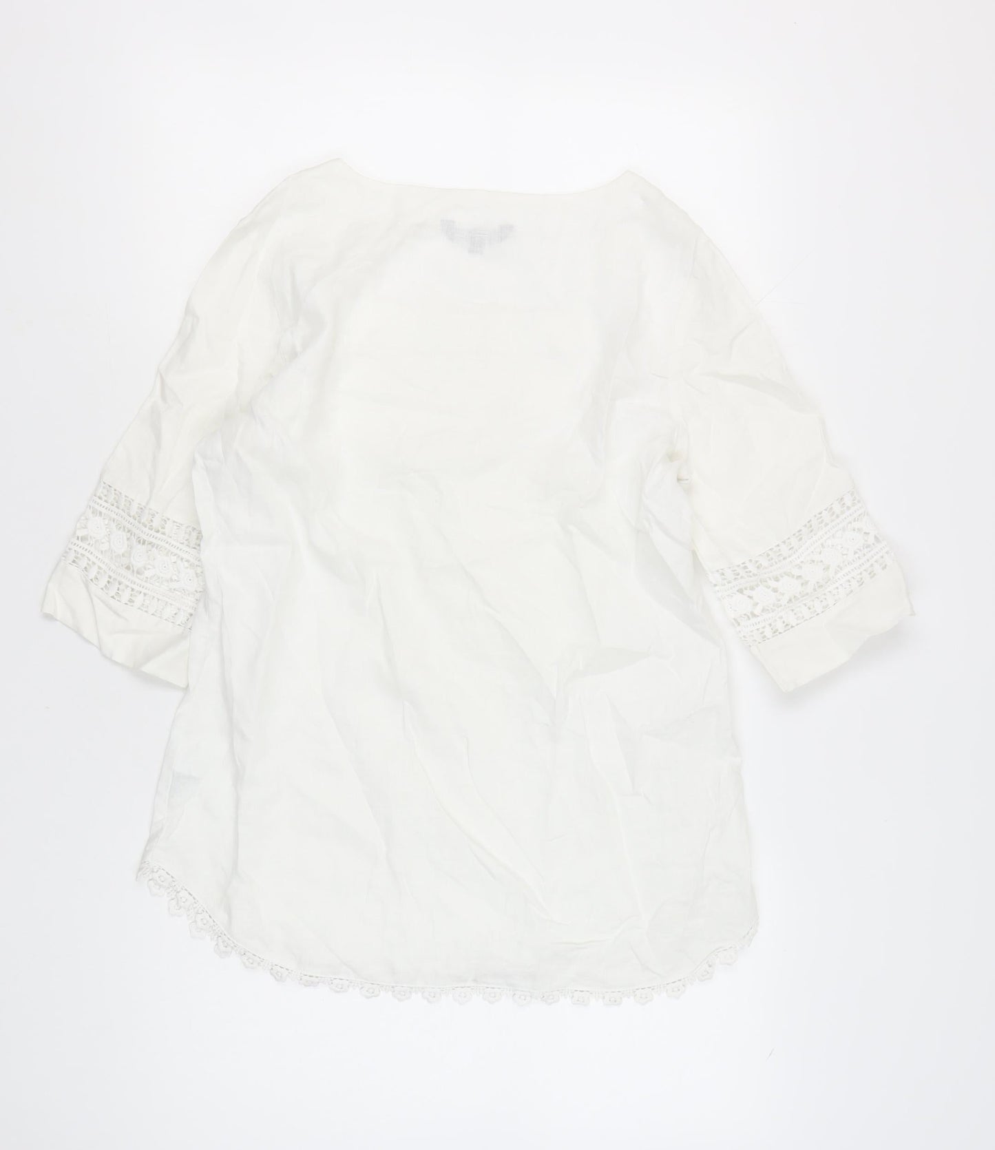 Ellen Reyes Women’s White Cotton Tunic Blouse M Boho Crochet 3/4 Sleeve