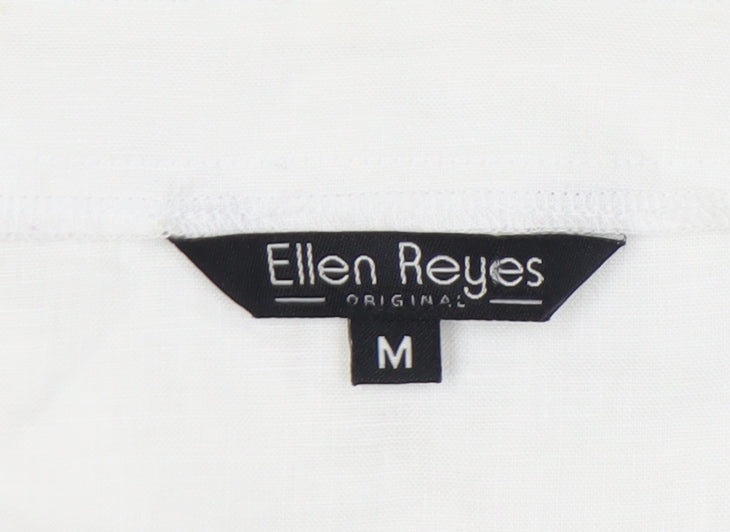 Ellen Reyes Women’s White Cotton Tunic Blouse M Boho Crochet 3/4 Sleeve