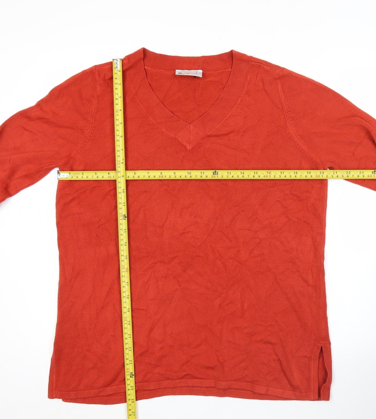 BHS Womens Red V-Neck Jumper Size 16 Acrylic Knit Long Sleeve