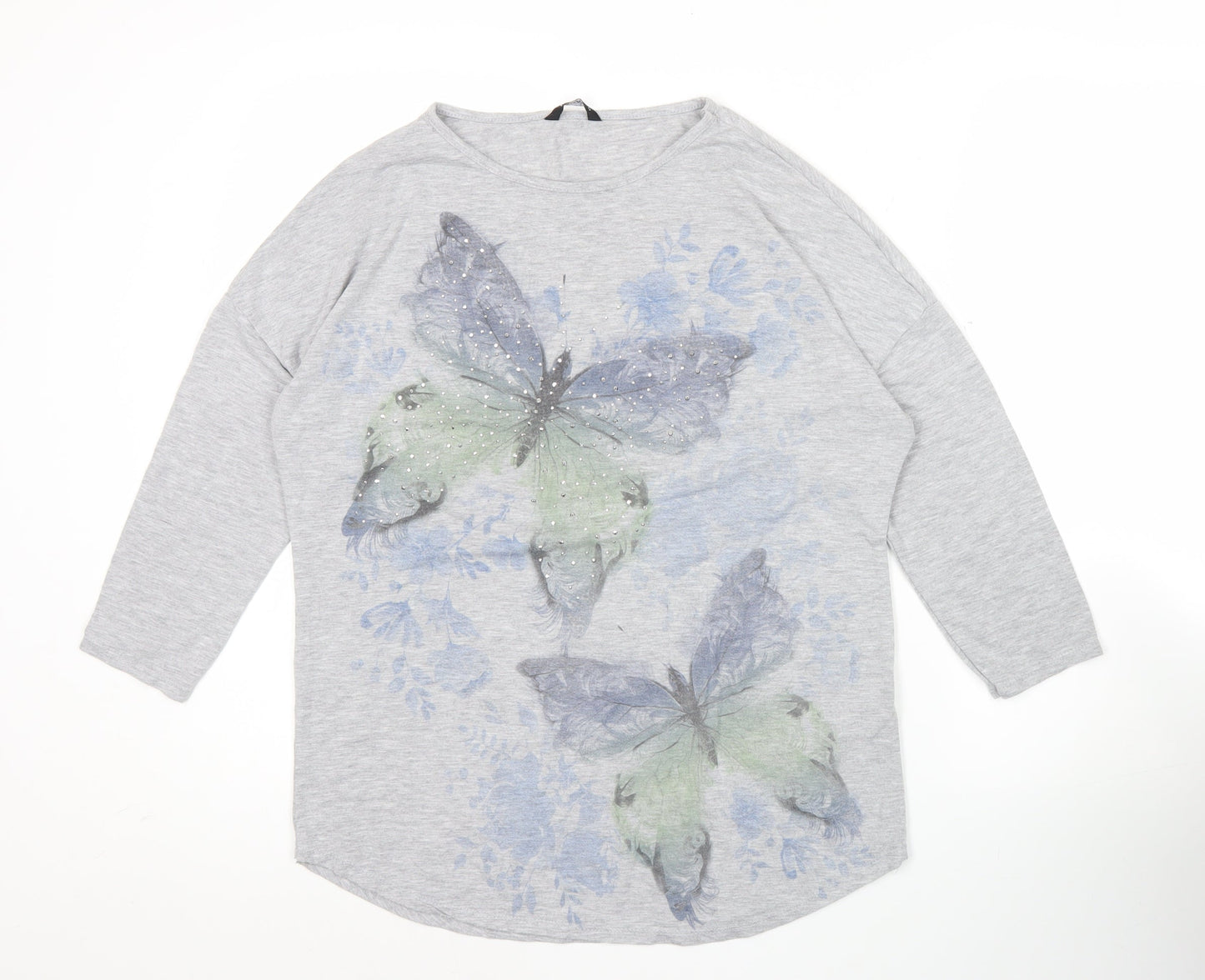 Roman Women’s Grey Butterfly Rhinestone Long Sleeve T-Shirt Size 10