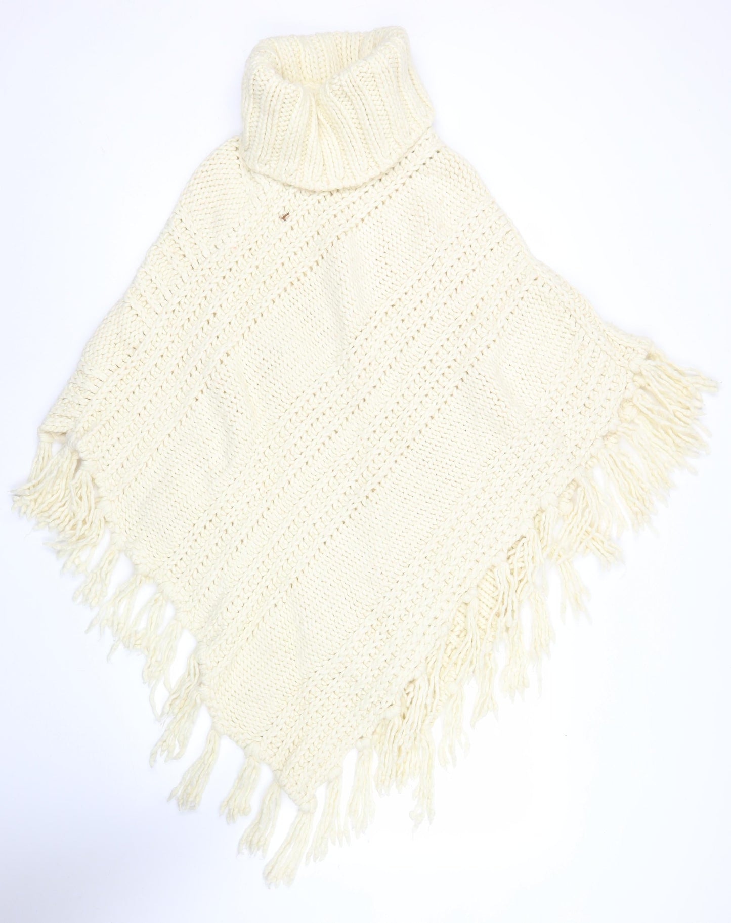 Next Women’s Ivory Roll Neck Chunky Knit Cape L Fringe Trim