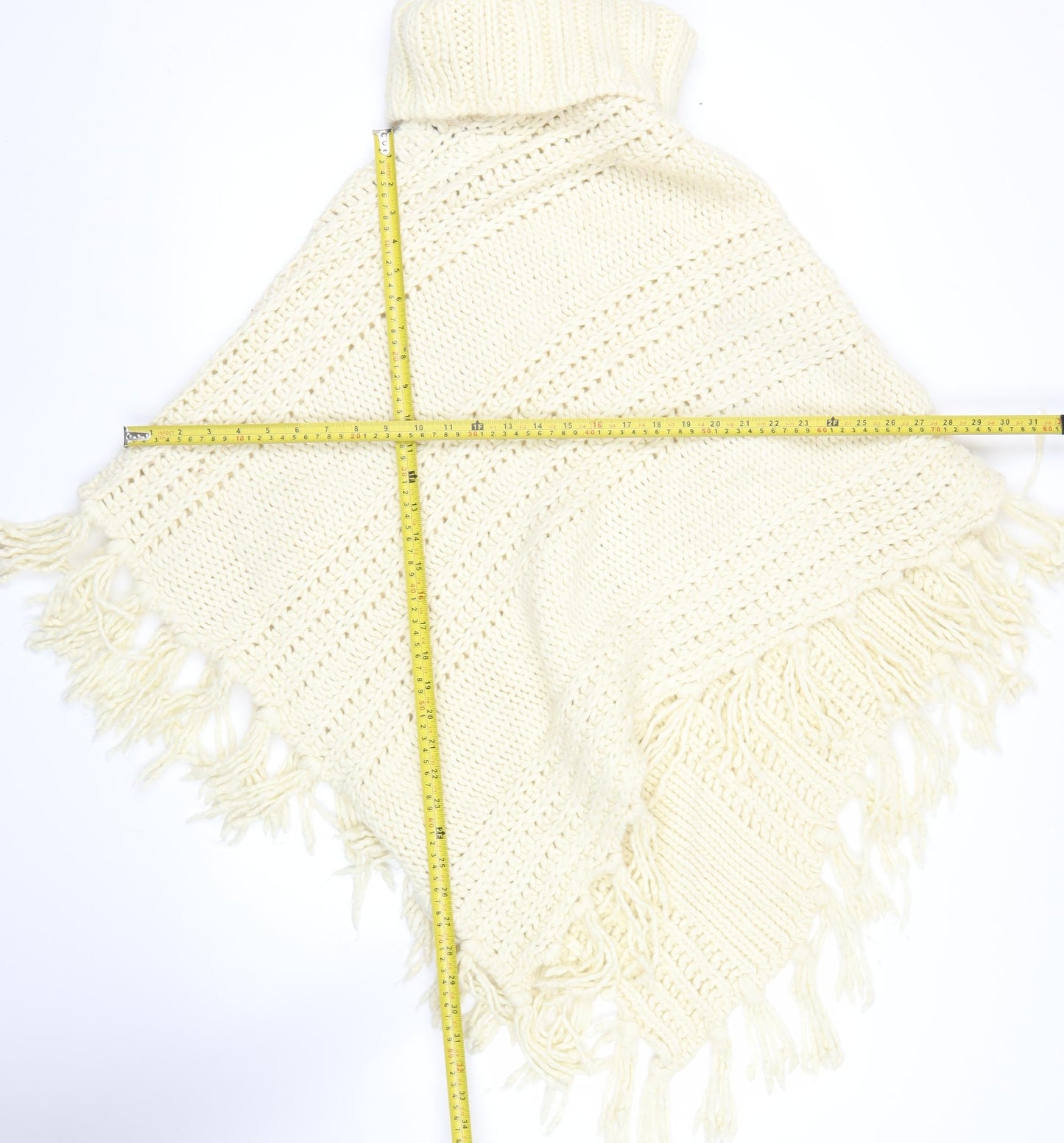 Next Women’s Ivory Roll Neck Chunky Knit Cape L Fringe Trim